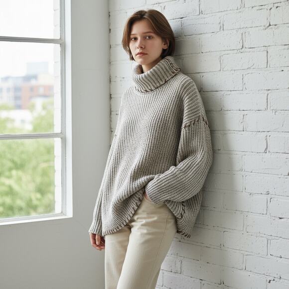 Vintage Y2K Chunky Knit Sweater XL Beige Cream Ribbed Turtleneck Cottage Cabin - Picture 4 of 13